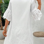 Solid Color Hollow Embroidery Casual Lace V-Neck Mini Dress