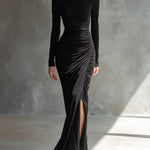 Women's Black Elegant Jersey Off - Shoulder Ruched Slit Maxi Dress