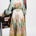 Unique Print Balloon Sleeve Belt Shirt Midi Dress