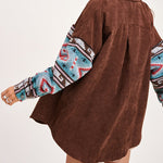 Nadorine Corduroy Patch Print Pocket Coat Long Sleeve Jacket Top