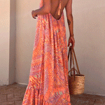 Margovil Halter Backless Printed Maxi Ruffle Swing Dress