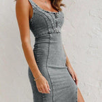 This Seasons Staple Denim Adjustable Straps Zip-up Firm Stretch Midi Dress