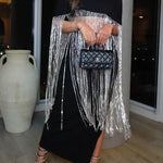 New Level Shiny Tassel Stand Neck Crop Cape Blouse