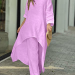 Two Piece Set Casual Retro Loose Long-sleeved Irregular Blouse and Loose Pants