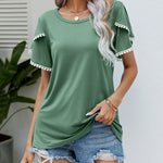 Pom-Pom Trim Flutter Sleeve Round Neck Tee Casual Blouses Tops