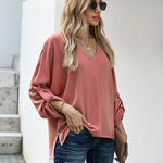 Nadorine V-Neck Long Sleeve Buckle T-Shirt Plain Shirts Shirt Top Elegant Shirts Casual Slim Fit Basic