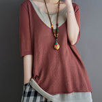 Artistic False Two Loose Ramie Cotton Half Sleeve Shirt