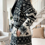 Winter Snowflake Waist Tie Lapel Midi Pocket Knit Cardigan