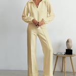 Nadorine Casual Two-Piece Set V-neck Fleece Sweatshirt High-waisted Wide-leg Pants