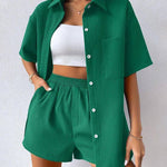 Nadorine Women's Casual Two-Piece Short Sleeve Lapel Cardigan Top and Shorts Loungewear Sets