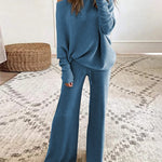 Two Piece Sweatsuit Lone Sleeve Knit Sweater Wide Leg Pants Outfits Loungewear Set