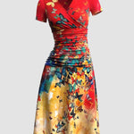 Nadorine Women's Casual V Neck Short Sleeve Sundress Loose Flowy Print Tunic Beach Dresses