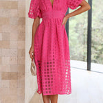 Remarkable Beauty Square Patterned Fabric Puff Sleeve Party Midi Dress