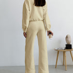 Nadorine Casual Two-Piece Set V-neck Fleece Sweatshirt High-waisted Wide-leg Pants
