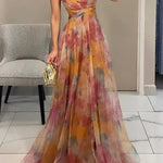 Giselle Tulle Render Floral Print Cutout Waist Back Lace-up Maxi Dress