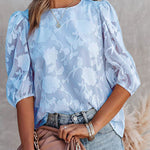 Nadorine Five Quarter Sleeves Puff Sleeves Round Neck Top Chiffon Loose Flower Texture Casual Shirt