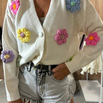 Ezro Knit Colorful Dimensional Flowers Button Up Loose Cardigan