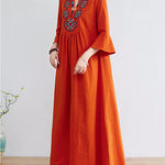 Loose Embroidered Floral Cotton Linen V-Neck 3/4 Sleeve Dress