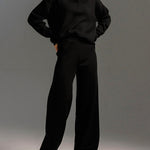 Nadorine Casual Two-Pieces Outfits Lapel V Neck Sweater and Trousers Sets