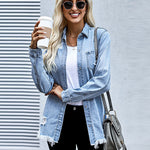 Nadorine Button Denim Jacket Distressed Ripped Long Sleeve Cute Jean Coat