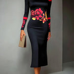 Bodycon Long Sleeves Flower Print High Neck Midi Dresses