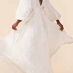 Wedding Guests Pleated Textured Chiffon Fabric Balloon Sleeve Open Back Maxi Dress