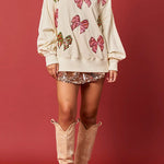 Christmas Bow Sequin Loose Casual Long Sleeve Sweatshirt