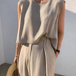 Loose Short Sleeves Hollow Solid Color Split-Joint Round-Neck Vest Top