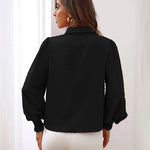 Nadorine V Neck Crinkle Crepe Lantern Sleeves Shirt Top Button-Down Loose Blouse