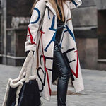 Nadorine Casual Long Sleeve Lapel Printed Notched Collar Warm Midi Jacket Overcoat
