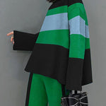 Flared Sleeves High-Low Contrast Color Split-Joint High Neck Pullovers Sweater Tops