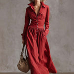 Exquisite Retro Western Lapel Front Button Red Windbreaker Style Cotton And Linen Maxi Dress