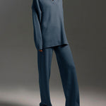 Nadorine Casual Two-Pieces Outfits Lapel V Neck Sweater and Trousers Sets