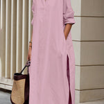 A-Line Long Sleeves Buttoned Pockets Solid Color Split-Side Lapel Midi Shirt Dresses