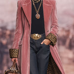 Lapel Single-breasted Velvet And Leopard Print Coat