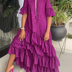 Flared Sleeves Half Sleeves Asymmetric Layered Pleated Printed Ruffle Trim Round-Neck Maxi Dresses