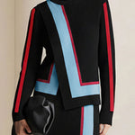 Irregularity Long Sleeves Abstract Printed Asymmetric Contrast Color Ribs Split-Joint Round-Neck Sweater Tops