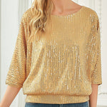 Solid Color Sequined Loose Round Neck Casual Top
