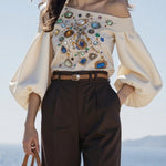 Long Sleeves Puff Sleeves Printed Off-The-Shoulder Blouses&Shirts Tops