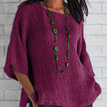 Nadorine Cropped Sleeves Cotton Linen T-Shirt Boho Vintage Loose Fit Tunic Tops Plain Crewneck Tees
