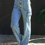 Washed denim multi-pocket non-stretch overalls