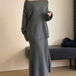 Elegant Knitted Two Pieces Sets One-shoulder Sweater Top Elastic Waist Fishtail Skirt