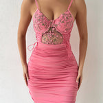 Lace Patchwork Tie-up Backless Pleated Mini Dress