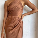 One Shoulder High Slit Ruched Evening Gown Cami Maxi Dress