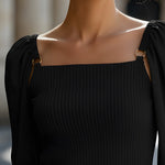 Ribbed Knit Top With Chiffon Balloon Sleeves