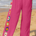 Dimarco Linen Blend Colorful Crochet Flower Patchwork Stretch Waist Wide Leg Pants