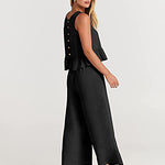 Nadorine 2 Piece Outfits Sleeveless Ruffle Tank Crop Top and Wide Leg Pants Lounge Set with Pockets