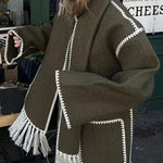 Women's Thickened Loose Woolen Coat with Fringed Scarf