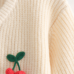 V-neck Cherry Embellished Cardigan Cropped Knitted Sweater