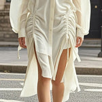 Long Sleeves Loose Buttoned Drawstring Pleated Pockets Solid Color Lapel Midi Dresses Shirt Dress